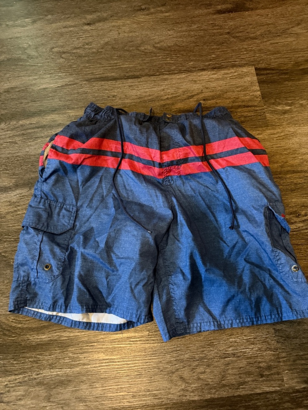 Beverly Hills Polo Club Men’s Navy Swim Trunks with Red Stripes